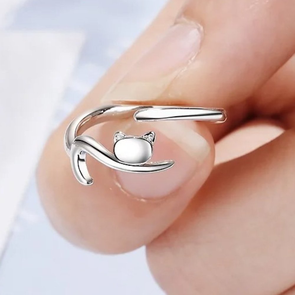 Ring Adjustable Cute Cat Ring 925 Sterling Silver Rings - Picture 1 of 5